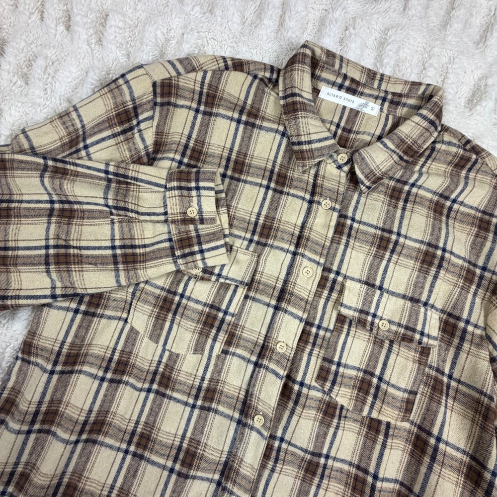 Altar'd State Plaid Button Down Shirt Dress Tan Brown Navy Blue Womens Large